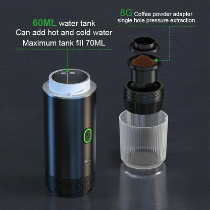 Portable Coffee Machine, Electric Self-Heating Espresso Machine, 2-in-1 Capsule Coffee Machine Compatible with Ground Coffee and Coffee Capsules for Camping, Hiking and Trave